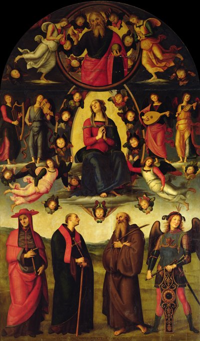 De Maagd op de troon, met engelen en heiligen (Vallombrosa altaarstuk) door Pietro Perugino